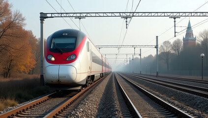Fototapeta premium aeroexpress train runs airport moscow city centre railway lines near moscow october