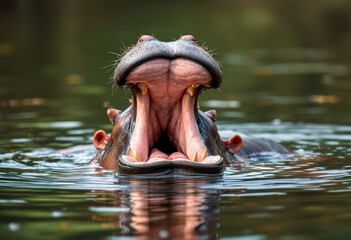 A hippopotamus partially submerged in a body of water, with its large open mouth and eyes visible above the surface