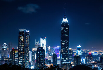 Fototapeta premium A modern city skyline at night, with tall skyscrapers and high-rise buildings illuminated against a dark blue sky
