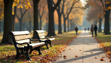 bronze benches sit alone deserted park old sunny afternoon people around