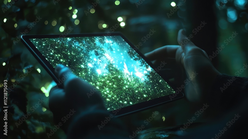 Poster a glowing digital tablet showing a nature documentary e-learning session
