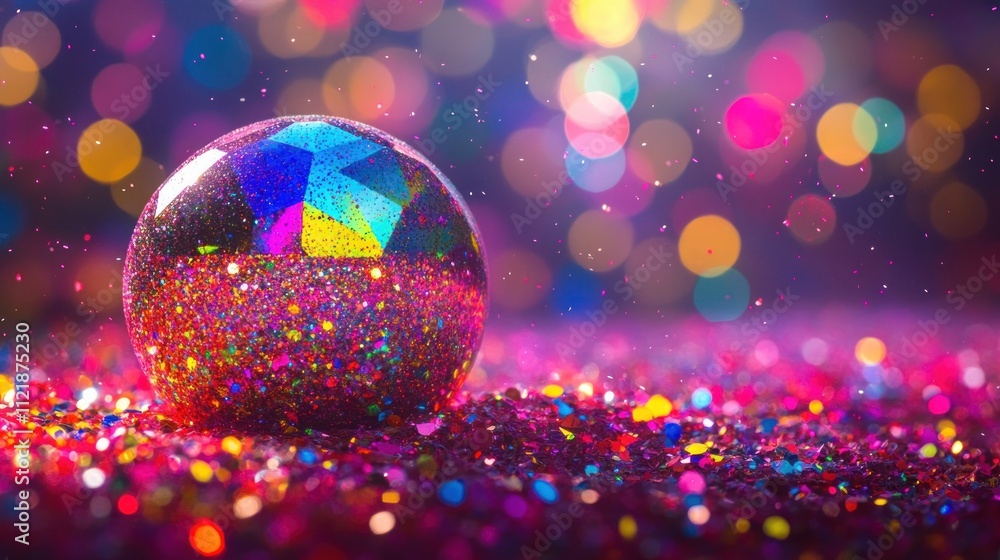 Poster sparkling orb on glittery surface with colorful bokeh
