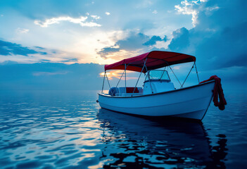 Naklejka premium A white boat with a red canopy on a calm body of water at sunset, with the sun setting in the background