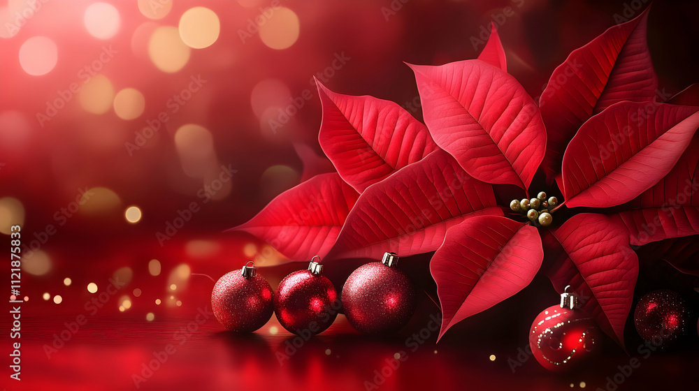 Wall mural abstract background with red poinsettia leaves. horizontal composition.