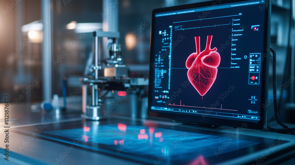 Poster a vibrant lab scene with a 3d bioprinter printing a human heart, alongside a digital screen showcasi