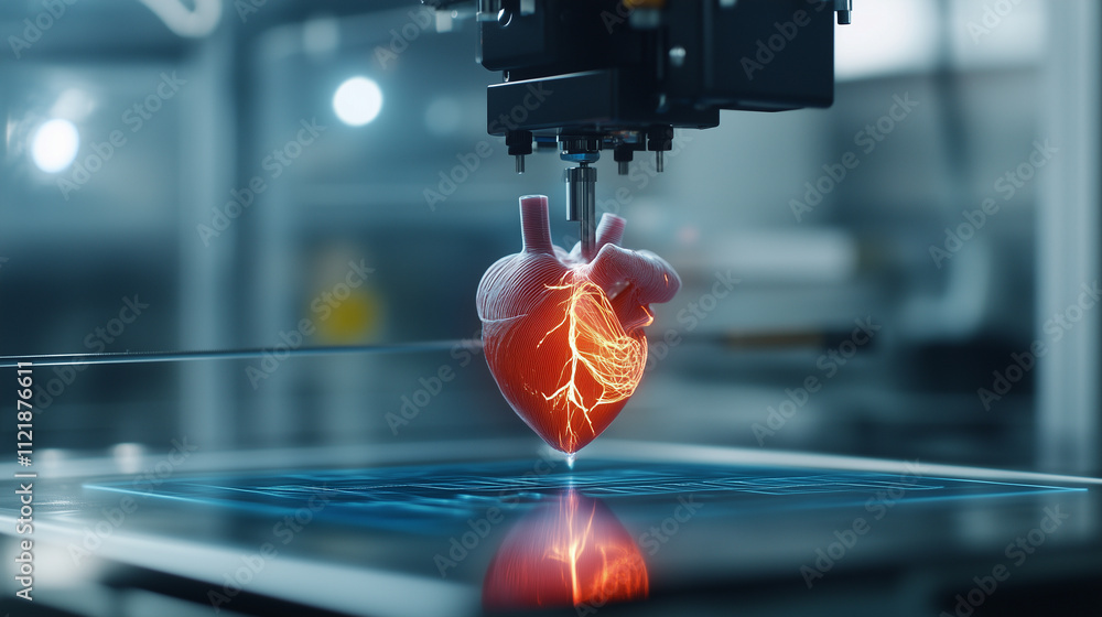 Poster a cross-sectional view of a 3d bioprinter printing a heart in layers, with visible details of veins 