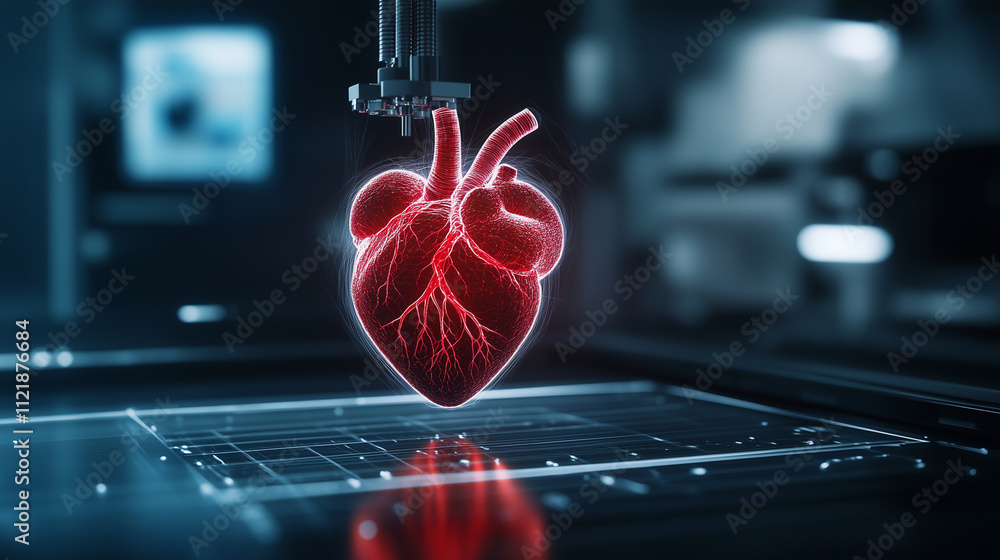 Poster a cross-sectional view of a 3d bioprinter printing a heart in layers, with visible details of veins 