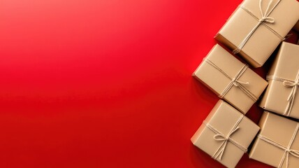 Brown gift boxes with twine on red background, arranged in diagonal pattern