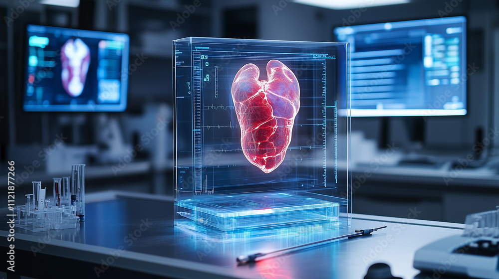 Poster a glowing, semi-transparent 3d-printed organ displayed on a sterile lab table, surrounded by advance