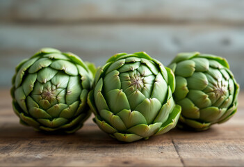 Obraz premium Fresh raw artichokes on the wooden background