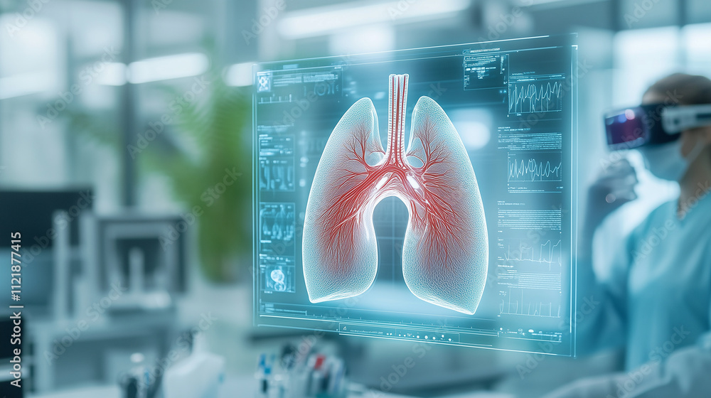 Aufkleber a futuristic medical lab with a 3d-printed lung being analyzed by scientists using augmented reality