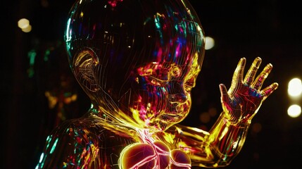 Neon-lit infant sculpture, internal organs visible