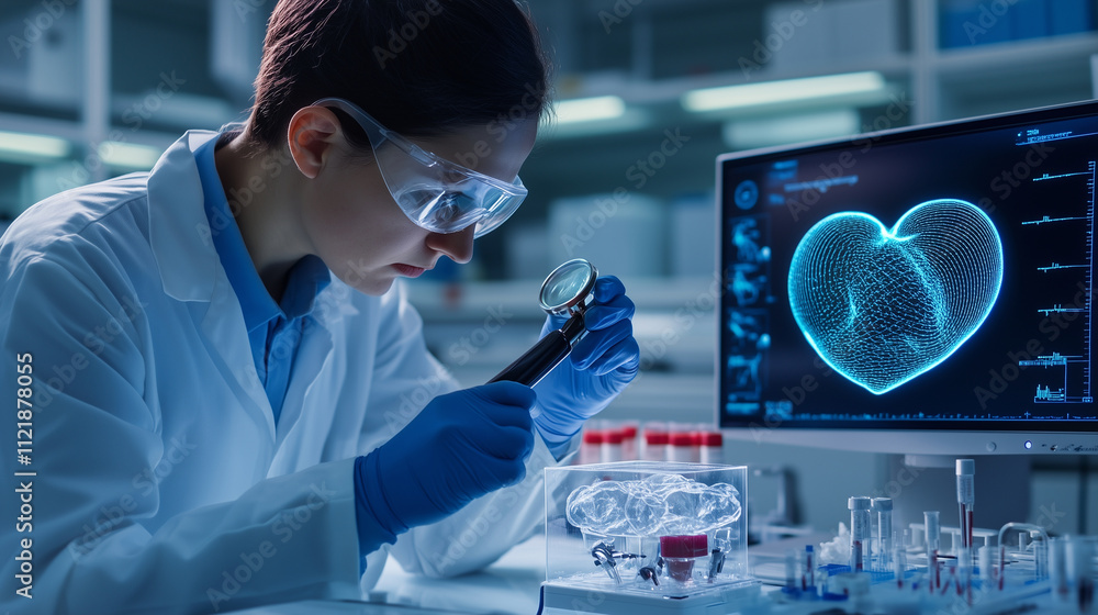 Poster a lab technician analyzing a 3d-printed heart with a magnifying glass while a screen beside them dis