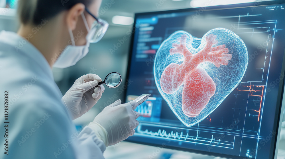 Aufkleber a lab technician analyzing a 3d-printed heart with a magnifying glass while a screen beside them dis