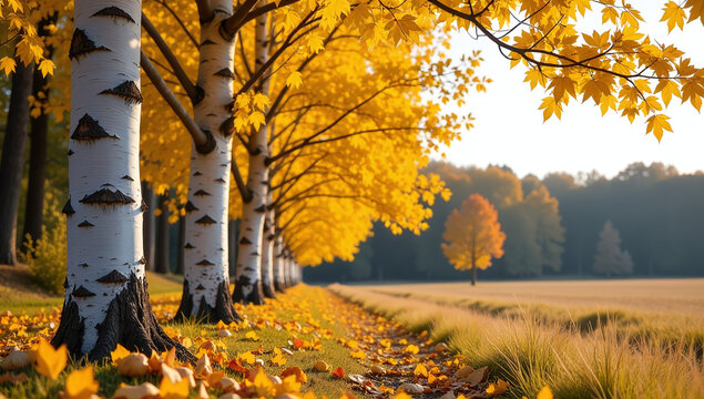 golden foliage adorns birch trees autumn surrounded vibrant yellow leaves serene natural