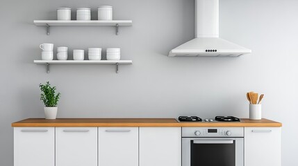 This modern kitchen showcases a minimalist design featuring wooden cabinets, sleek appliances, and light gray walls. Natural light enhances the inviting atmosphere
