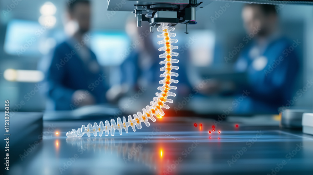 Poster a vibrant shot of a 3d printer fabricating an entire spinal column, layer by layer, with a backgroun