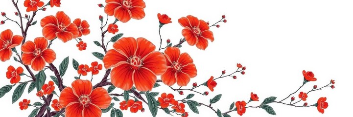 Simplistic Japanese kimono drawing with red flowers on white textured background for cards and flyers, Japanese, red flowers, flyers