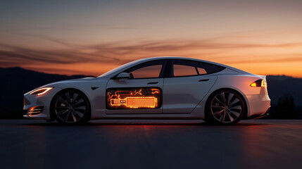 Obraz premium A side-profile cutaway of an electric vehicle, showcasing the integration of lithium-ion battery packs with energy monitoring displays and a glowing powertrain connection