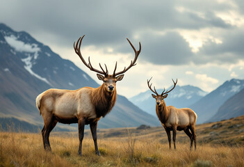 Fototapeta premium Two elk standing in a grassy field with mountains and cloudy sky in the background