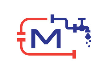 Letter M Plumber Logo Design Vector Template Concept With Pipe And Water Symbol