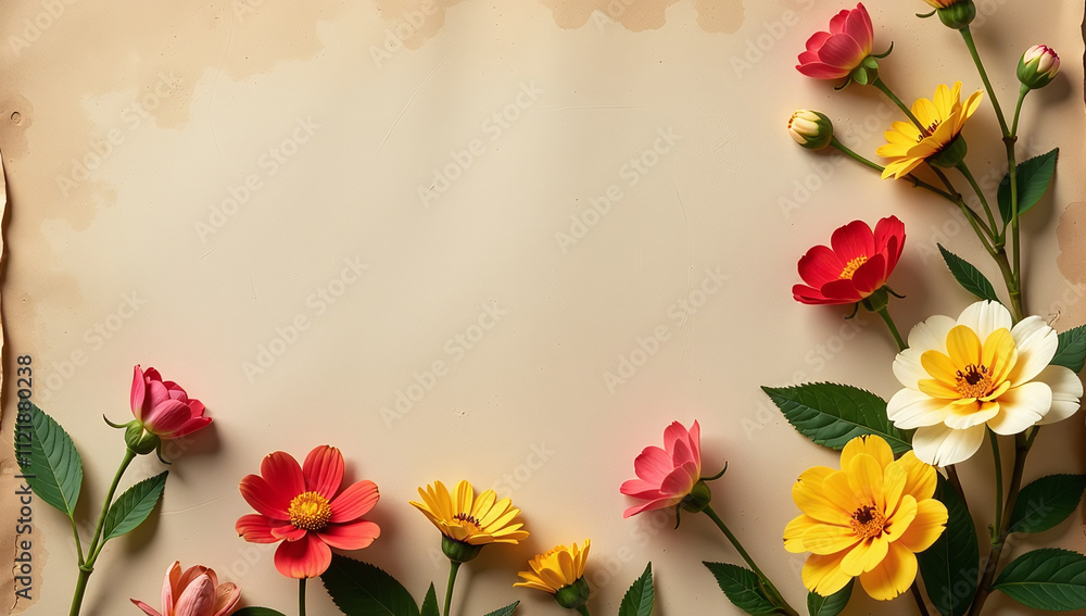 Poster old flowers worn brown paper background create unique timeless flat layout