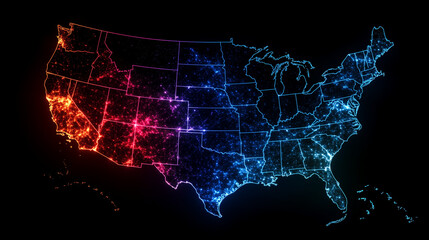 A USA map with glowing lights representing economic activity, paired with an overlay of transparent industry-specific heat maps in vivid colors
