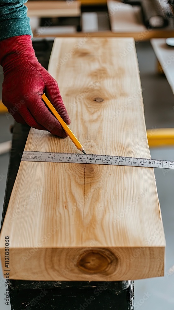 Poster hands clad in bright red gloves skillfully measure a piece of wood using a ruler and pencil at a bus
