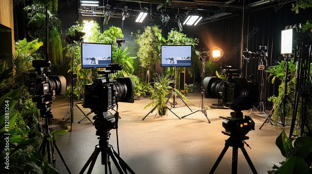 Poster a streaming setup with a focus on high-quality camera and lighting arrangements