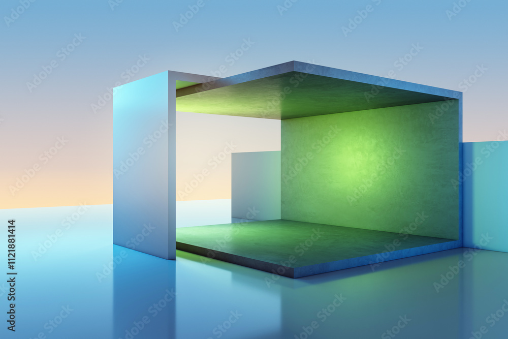 Poster Abstract modern geometric construction with empty walls and glowing green light on reflective surface. Minimalistic concept. 3D Rendering