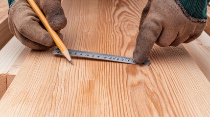 In a workshop setting, a carpenter skillfully writes measurements on a wooden board using a ruler and pencil. Hands in gloves hold tools, focusing on precise markings