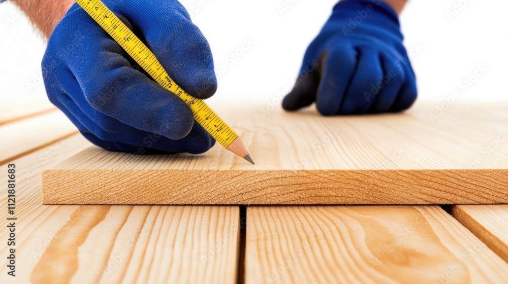 Poster close-up of a carpenter's hands in gloves using a ruler and pencil to mark measurements on a wooden 