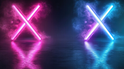 Glowing neon X shapes with pink and blue lights