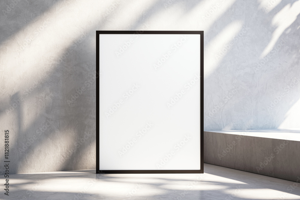Poster blank black frame mockup standing on concrete floor in front of stucco wall with light and shadow ef