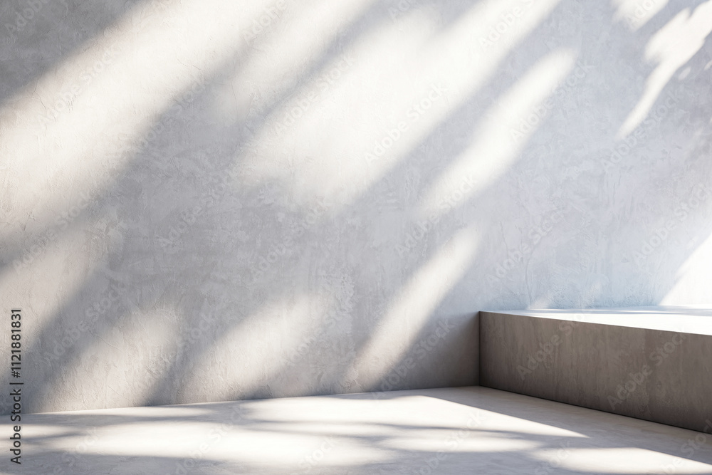 Poster Minimalist clean concrete wall with sunlight shadows and empty corner platform. 3D Rendering
