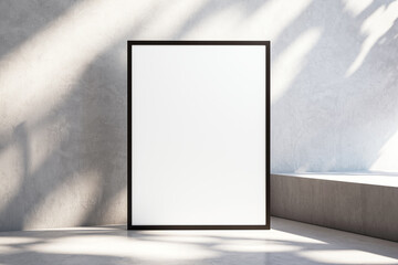 Blank black frame mockup standing on concrete floor in front of stucco wall with light and shadow effects. Modern presentation concept. 3D Rendering