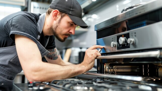 A mechanic repairing a kitchen appliance, such as an oven or refrigerator, in a home or commercial setting