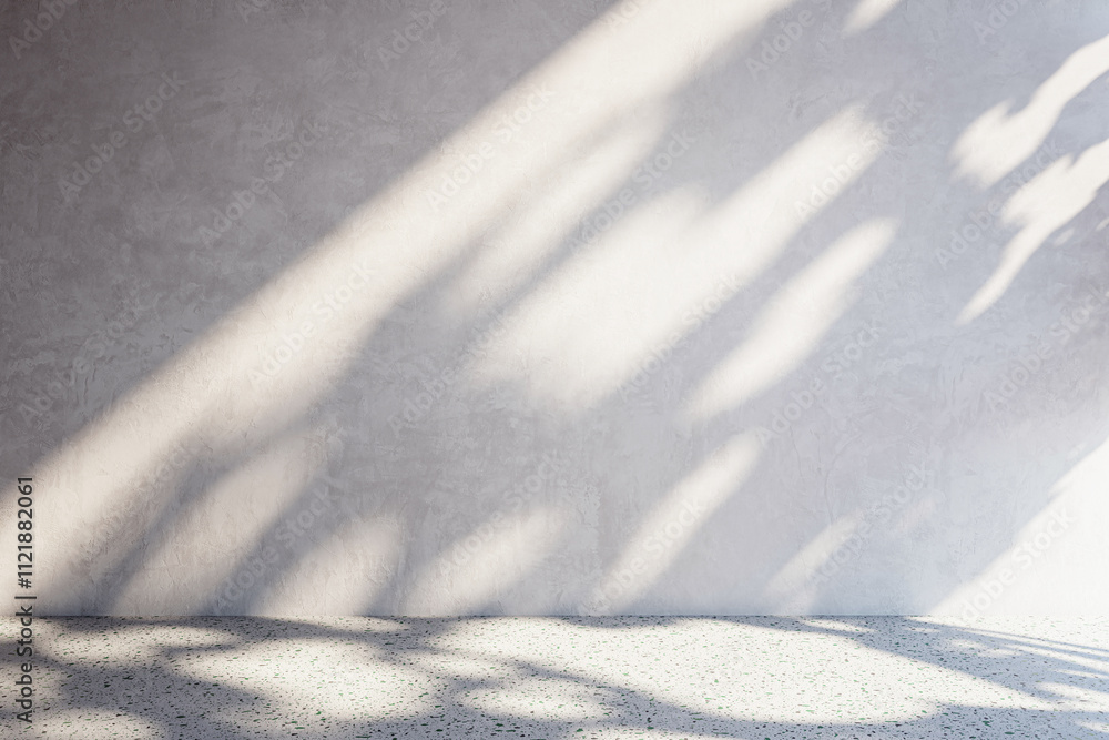 Aufkleber Sunlit concrete wall with textured shadows and terrazzo flooring in a minimalistic setting. 3D Rendering