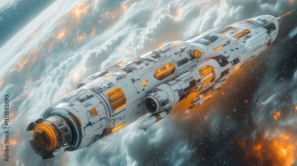 Poster futuristic spaceship navigating through clouds in space