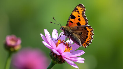 Obraz premium small tortoiseshell butterfly sits flower aglais urticae