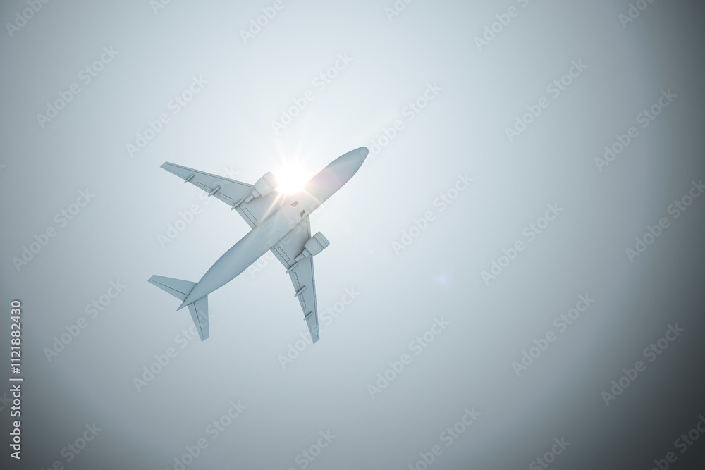 Poster airplane flying in the sky with sunlight shining through, viewed from below. 3d rendering