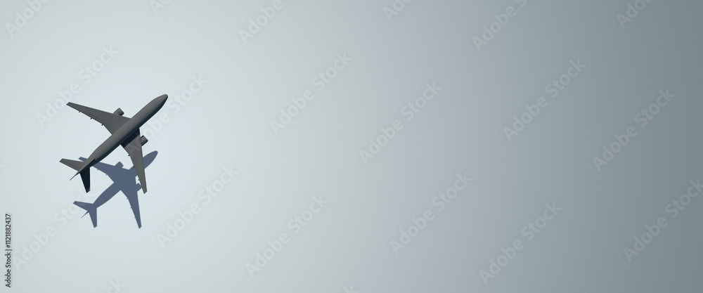 Poster Airplane flying with its shadow reflected on a gradient background. 3D Rendering