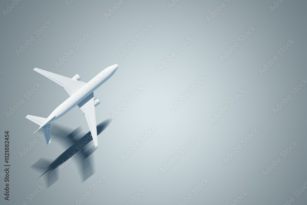 Poster Minimalistic white airplane flying over a gradient blue background with shadow, emphasizing space for text or branding design. 3D Rendering