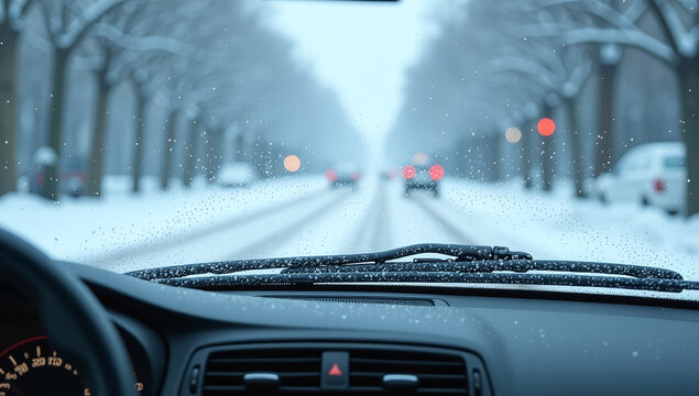snowy car windscreen features wiper blades moving slowly frozen droplets glass surface