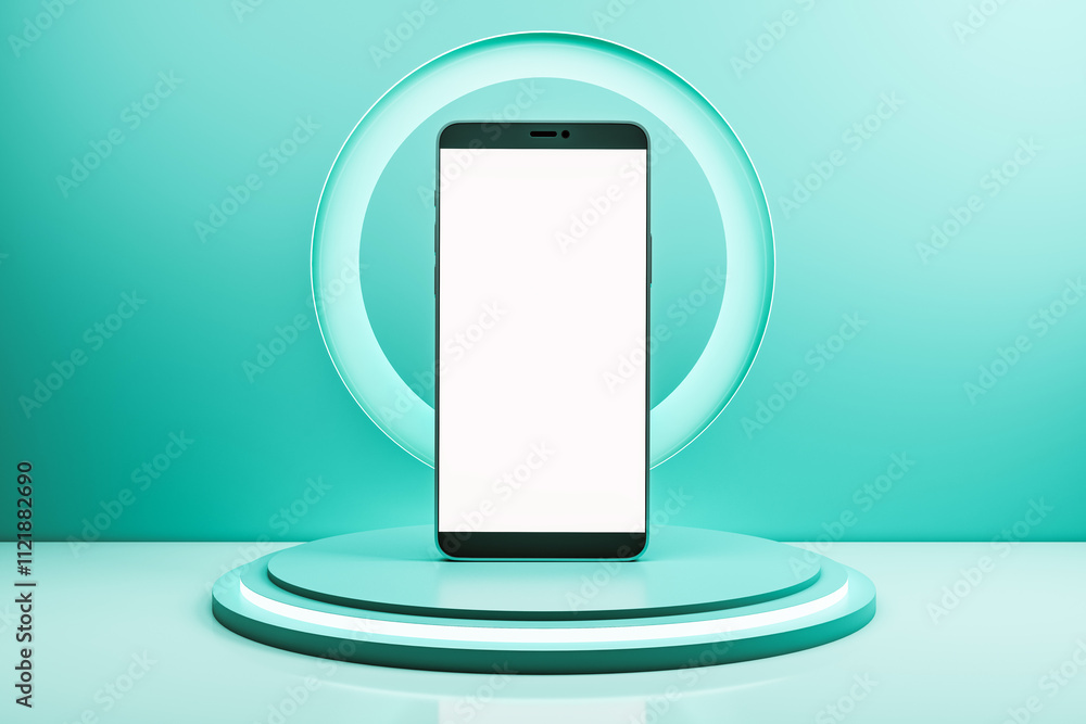 Poster vertical smartphone with blank display on podium with teal background, glowing circular elements, mo
