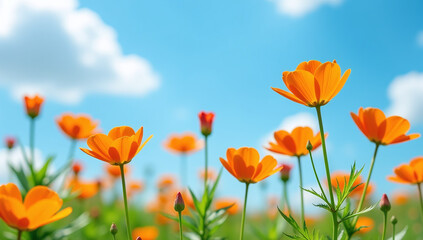 Obraz premium trollius orange flowers bloom freely bright light blue summer