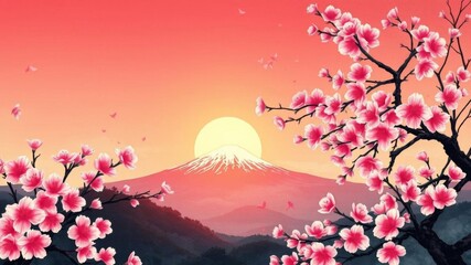 Traditional sumi-e painting of Mount Fuji and cherry blossoms at sunset, created using Japanese ink in a minimalistic style, cherry blossoms, painting, Japan