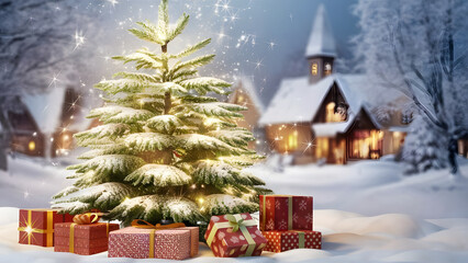 Obraz premium Glowing Christmas Tree, Wreath with Bells, Santa in Snowy Village & Festive Dinner Table Scene