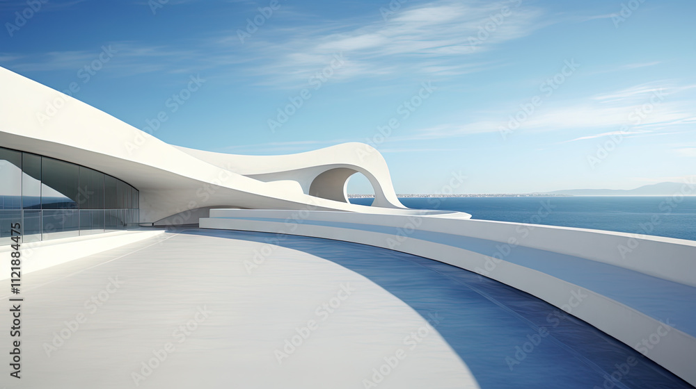 Poster Abstract architecture scene with smooth curves. Abstract background with futuristic building in white and blue colors.