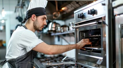 A technician performing maintenance on a restaurant oven, with a busy kitchen backdrop